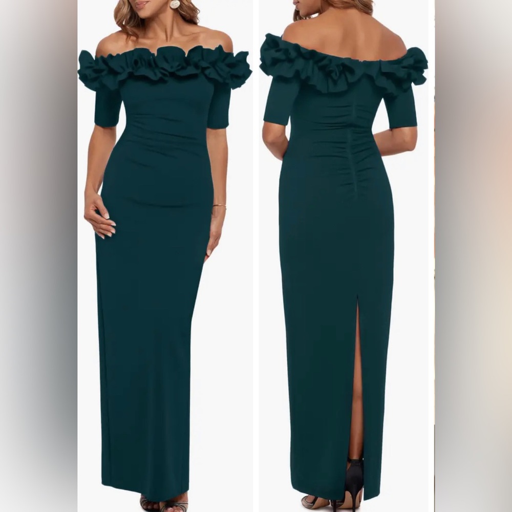 Plus Size Ruffled Off-the-Shoulder Short Sleeve Crepe Sheath Gown 14W
